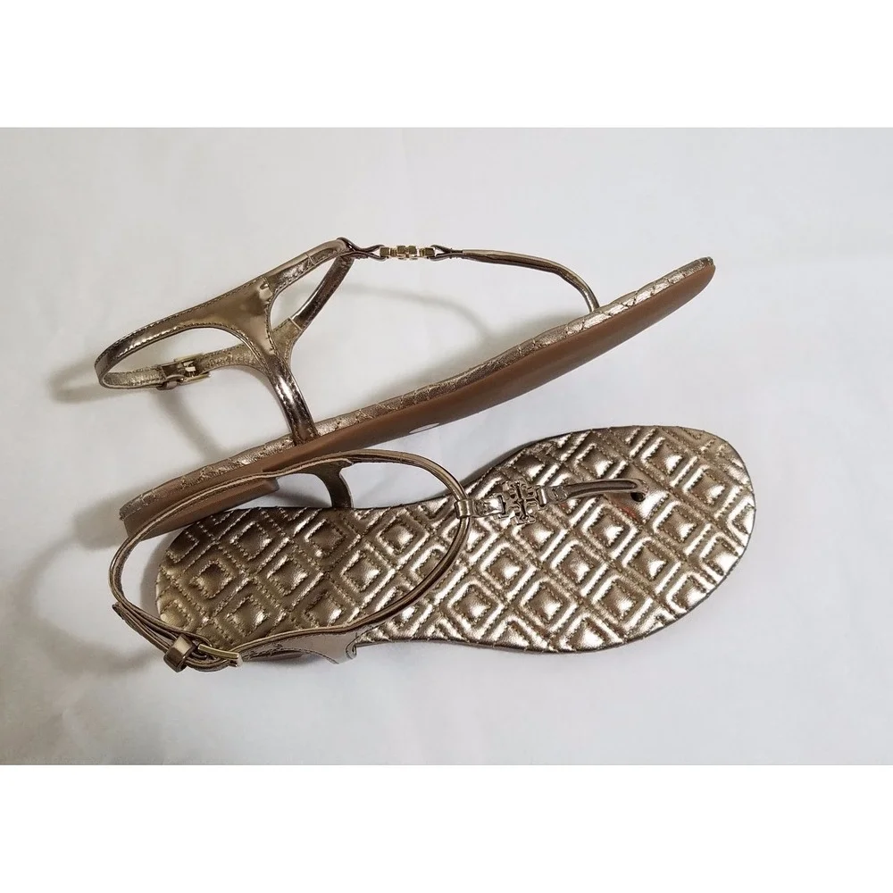 NIB Tory Burch Marion Quilted Leather T-Strap Sandal in Mica Gold Size 9.5 $225‎